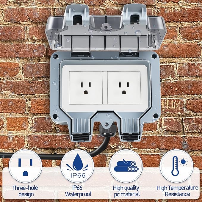 Outdoor Power Outlet Box with 26.3Ft Extension Cord, NEMA 5-15R, STW 14 AWG, Weatherproof Waterproof IP66 Electrical Outlet Extender, Exterior Wall Power Socket w/Cover for Garden