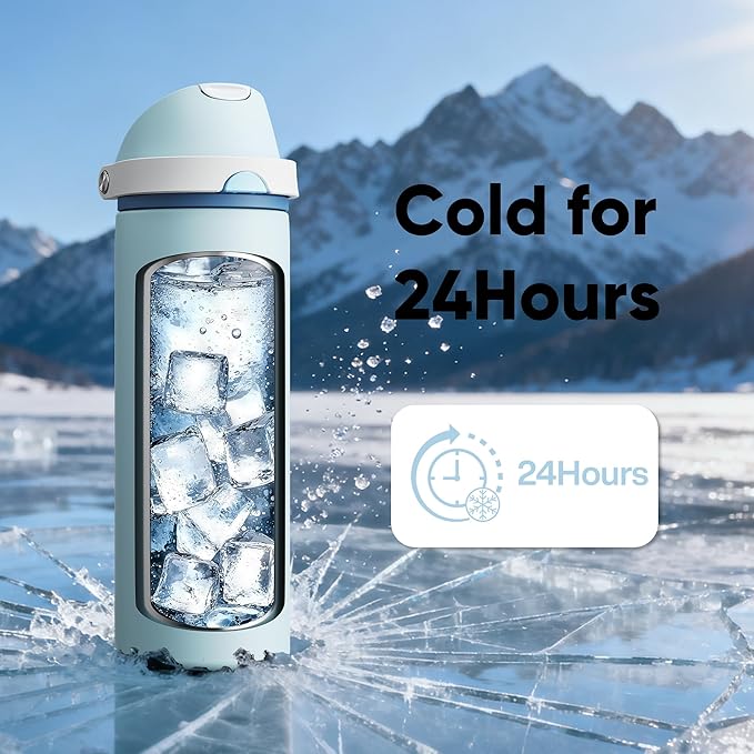 Insulated Water Bottle with Straw - Encool Stainless Steel Water Bottle with Push Button Lid, Leak-Proof & BPA-Free, Keeps Cold for 24 Hours for Sports, Travel, Gym (24 oz, Jungle Mist)