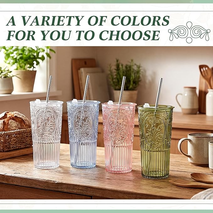 8 Set 20oz Vintage Plastic Tumbler with Lids and Straws Ribbed Floral Drinking Glasses Reusable Iced Coffee Cups for Water Juice Smoothie Cocktail Travel Party Events Gift (Clear)