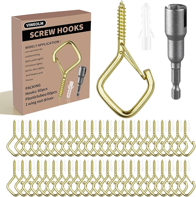 60 Pcs Gold Eye Hooks Screw Heavy Duty,Ceiling Hooks for Hanging Plants,String Lights,Cup,Wind Chime,Bird Feeders. Plant Hanger Indoor&Outdoor