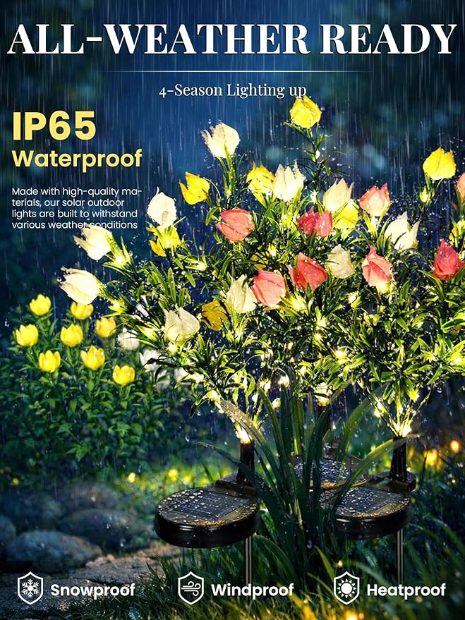 GIGALUMI Solar Garden Lights with Gardenias, 3 Pack LED Garden Decor Carefree Solar Flowers Outdoor Waterproof, Yard Decorations Outdoor, Allergy-Free Light up Flowers for Yard (1white+1yellow+1pink)