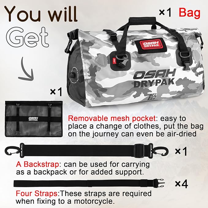OSAH DRYPAK Waterproof Duffel Bag - Motorcycle Dry Bag Tail Bag with Large Storage Space, Waterproof Luggage Duffle Bags with Outer Mesh Zipper Pocket for Camping, Kayaking, Fishing & Traveling