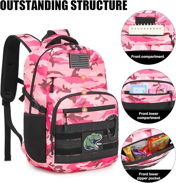 Kids Tactical Backpack Army Molle Bookbag Military Boys Backpack for School, Outdoor, Camping (Includes 2 Patches+1Carabiner), Pink CM