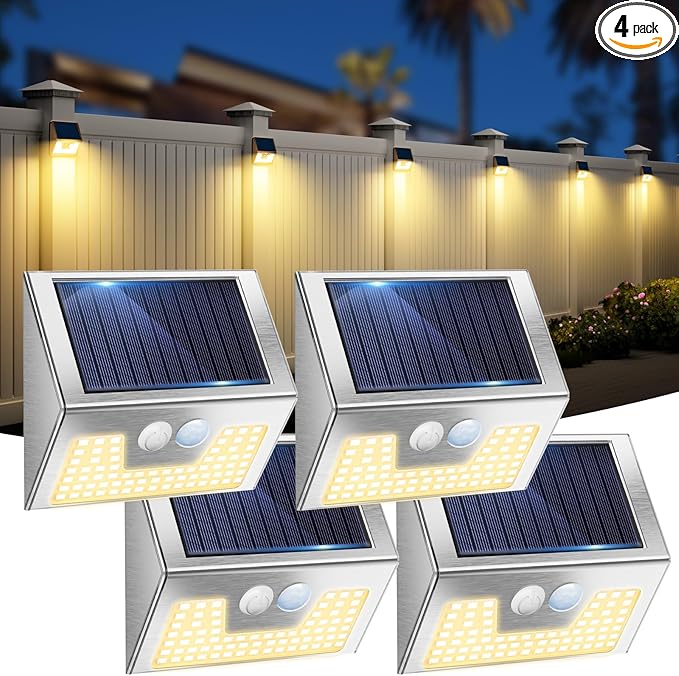 vighep 4 Pack Solar Lights Outdoor Motion Sensor, Waterproof Fence Lights 3 Lighting Mode, Warm White LED Outside Light Wireless for Fence Wall Yard Steps Stairs Garden -Stainless Steel