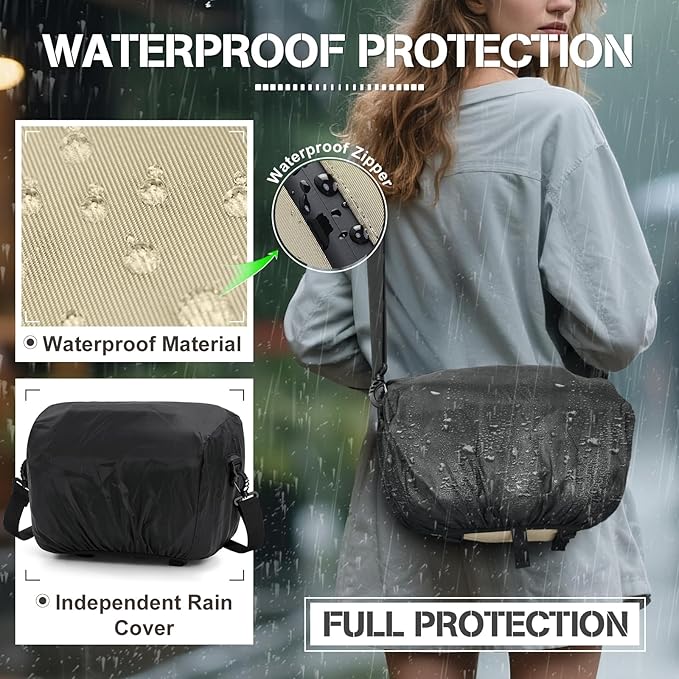 RAINSMORE Camera Bag, DSLR/SLR/Mirrorless Small Camera Sling Bag Waterproof Camera Case with Tripod Holder & Rain Cover Compact Crossbody Camera Bags for Photographers Everyday Shoulder Bags, Khaki
