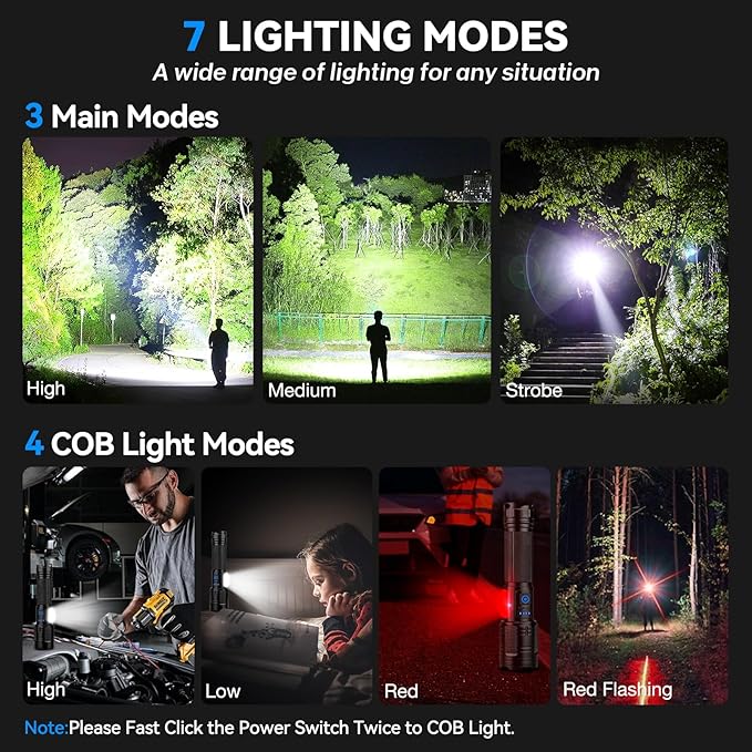 Flashlight Rechargeable 99,000 High Lumen - 2 Pack LED Flash Light with COB, 7 Modes Powerful Handheld Flashlight for Home, Camping