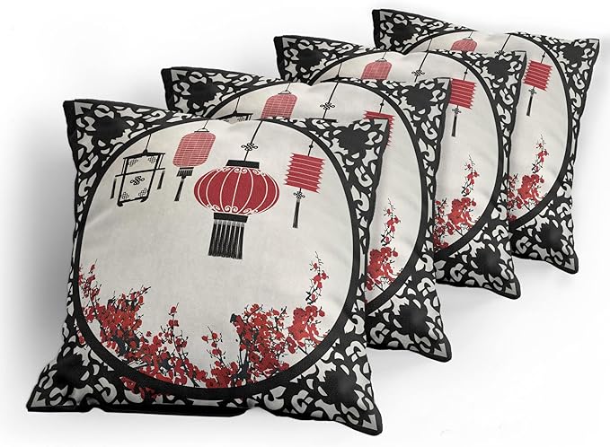 Ambesonne Lantern Throw Pillow Cushion Case Pack of 4, Lanterns with Japanese Sakura Cherry Blossom Trees Round Ornate Graphic, Modern Accent Double-Sided Digital Printing, 18", Red Beige