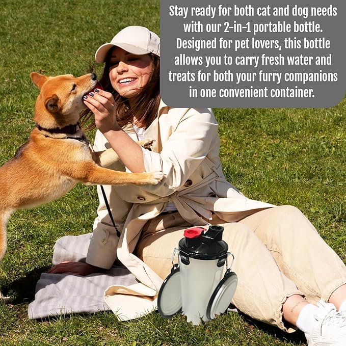 Dog Travel Water Bottle W/Collapsible Bowls - Portable 2 in 1 Leakproof Pet Water Bottle Food Container Ideal for Travel, Outdoor Portable Water Bowls for Walking, Camping & Hiking - (White)