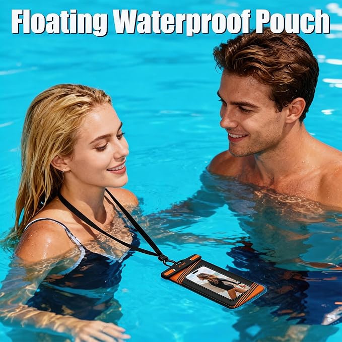 2 Pack IPX8 Floating Waterproof Phone Pouch - Case with Lanyard, Universal Protector for iPhone 17/16/15/14/13 Pro Max Plus & Galaxy S25/S24 (Orange)