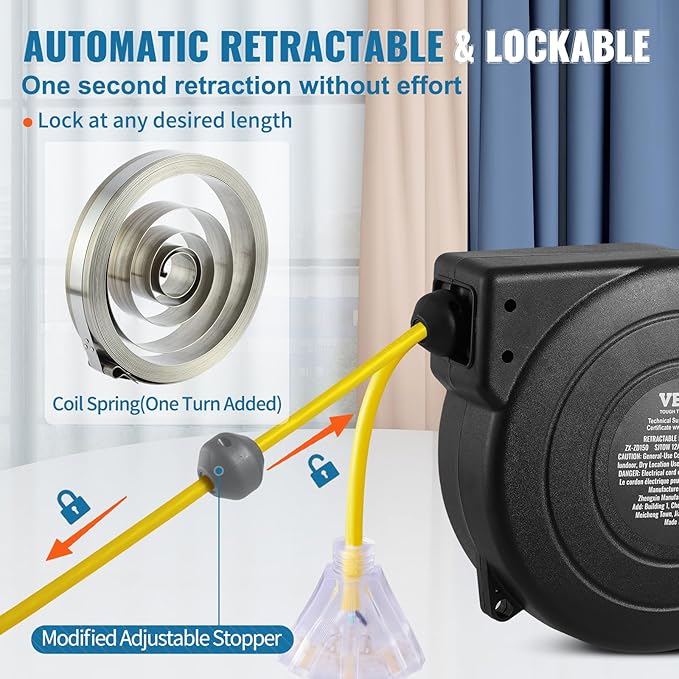VEVOR Retractable Extension Cord Reel, 45 FT, Heavy Duty 12AWG/3C SJTOW Extension Power Cord with Lighted Triple Tap Outlet, 15A Circuit Breaker 180° Swivel Bracket for Ceiling or Wall Mount, Yellow