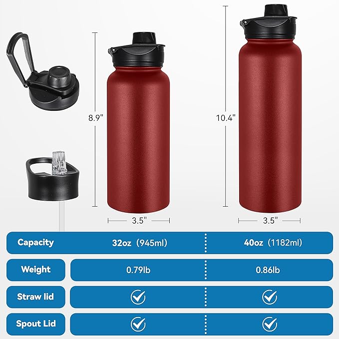 VEGOND 32 oz Insulated Water Bottle Bulk Stainless Steel Metal Water Bottles with Leak Proof Straw Lid & Spout Lid, Wide Mouth Double Walled Vacuum Travel Sports Bottle, Red 4 Pack
