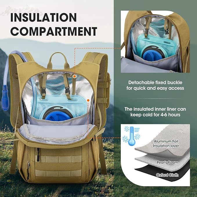 RAINSMORE Tactical Hydration Backpack 18L with 2L Water Bladder & Rain Cover, Insulated Molle Hiking Daypack, Lightweight Waterproof Ripstop Water Pack for Outdoor Cycling, Hiking