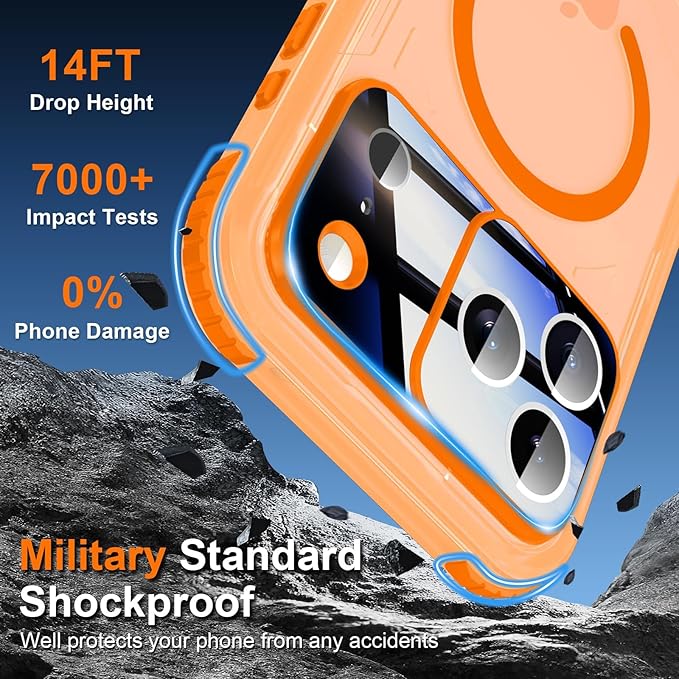 WIFORT for iPhone 17 Pro Max Waterproof Case, [Fit for Magsafe] with Sapphire Lens & Screen Protector, IP68 Full Body 15FT Military Shockproof, Magnetic Frosted Phone Cover with Lanyard, 6.9" Orange