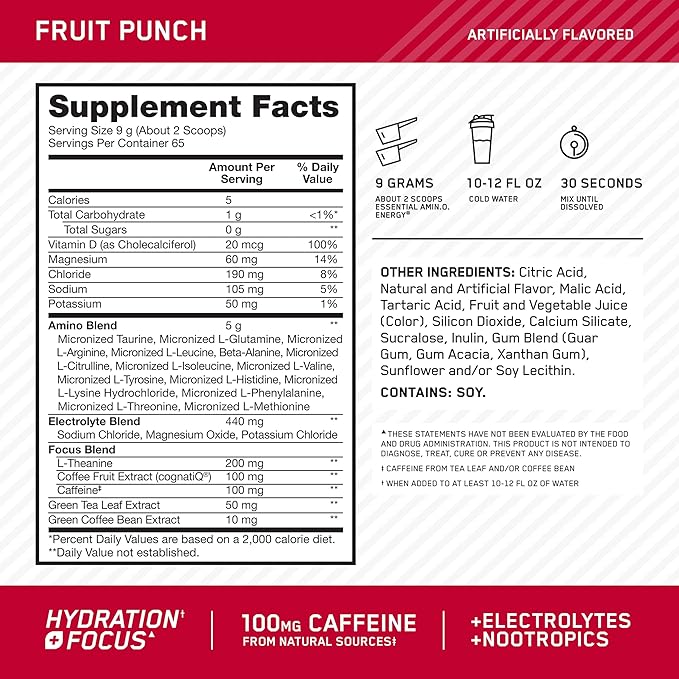 Optimum Nutrition Amino Energy Powder Plus Focus, with BCAA, Electrolytes, and Caffeine, Fruit Punch, 65 Servings (Packaging May Vary)