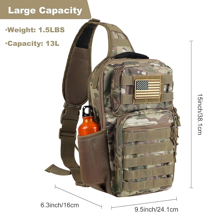 Rover Sling Pack Tactical Shoulder Sling Bag Backpack with Bottle Holder Crossbody Chest Bag, CP Camo
