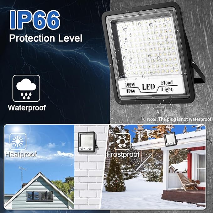 CREATESTAR 2 Pack 100W LED Flood Light Outdoor, 10000LM Bright LED Work Lights Plug in, IP66 Waterproof Exterior Floodlight, 6500K Security Light for Patio, Backyard, Lawn, Stadium, Playground