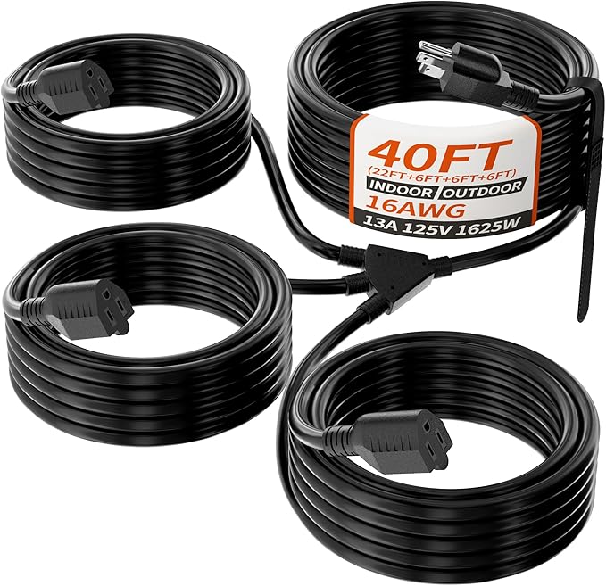 PlugSaf 1 to 3 Splitter Outdoor Extension Cord with Multiple Outlets; 40FT Total(22+6+6+6) 28FT End to End; 16/3 SJTW Black Extension Cord Outdoor Waterproof for Halloween Christmas; 16AWG 1625W ETL