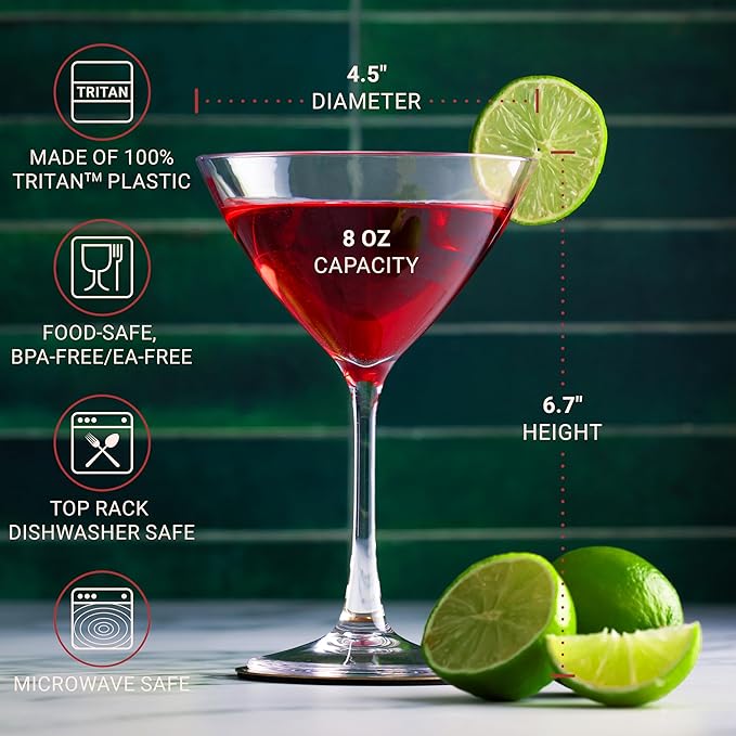 Bravario Unbreakable Plastic Martini Glasses, 100% Tritan Shatterproof Plastic Cocktail Glasses, Premium Quality, BPA-Free Dishwasher-Safe Reusable, 8 oz Set of 4