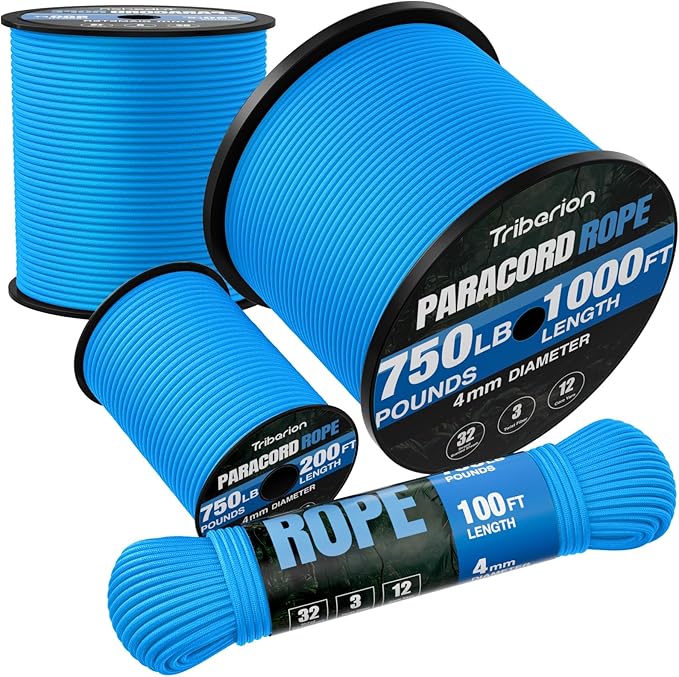 Paracord Rope 750 lb - 100ft 5/32" Parachute Cord 4MM 12-Strand para Cord - Heavy Duty Spool String for Survival,Camping Gear, Survival Bracelet, Clothesline - Blue