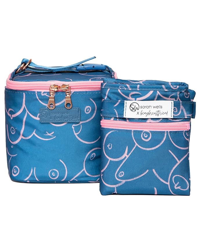 Sarah Wells Pumparoo Wet Dry Bag for Breast Pump Parts – Compact Organizer with Waterproof Pocket, Staging Mat & Fridge Hack – Machine Washable Pumping Accessory (Blue Pattern)