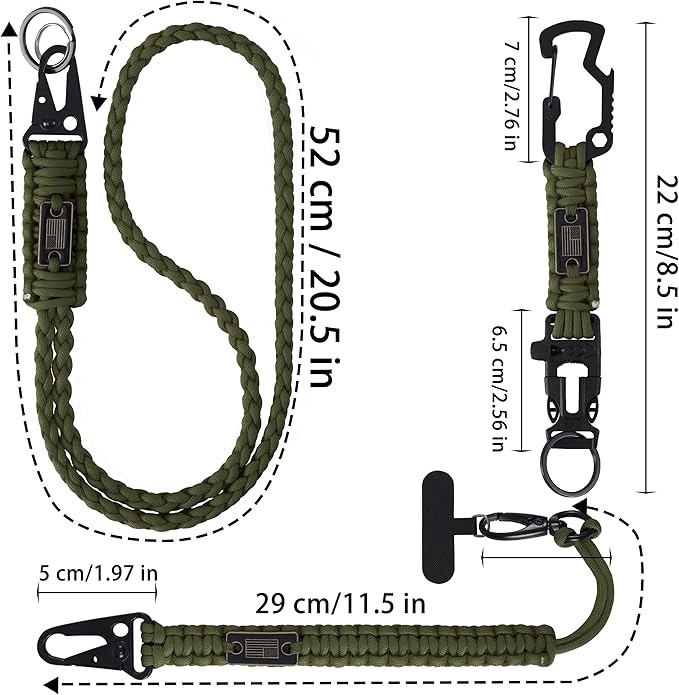 Heavy Duty Braided Paracord Lanyard for ID Badges,EDC Tether for Phone,Tactical 550 Paracord Keychain with USA Flag