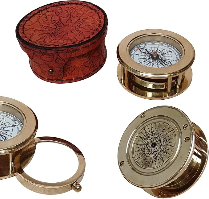 Vintage Brass Compass with Wooden Box – Antique Navigation Compass for Hiking, Camping, Gifts & Home Decor – Classic Map Reading Compass for Men