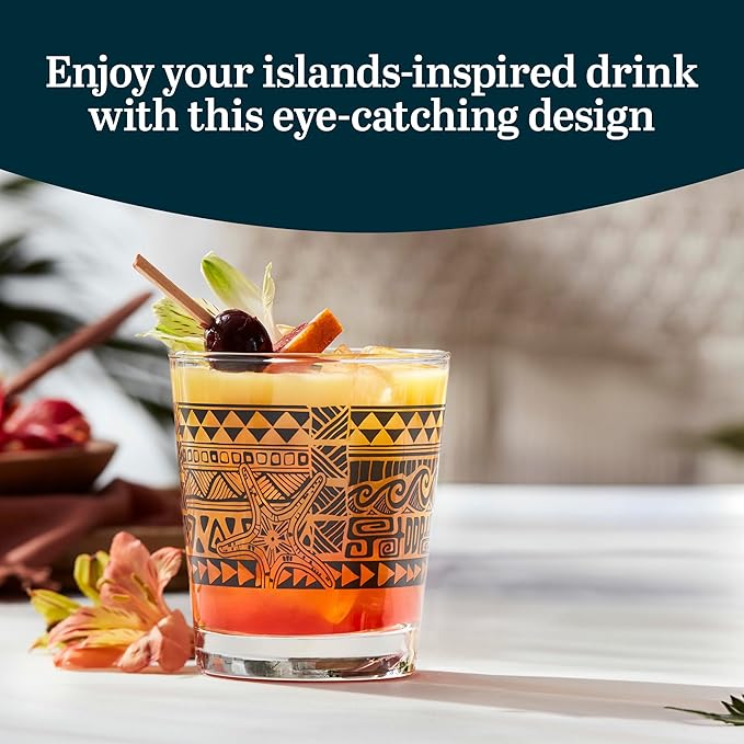 Libbey Tiki Rocks Glasses Set, Vintage-style Glassware Drinking Glasses Set of 4, Exotic, Dishwasher Safe Glasses for Backyard Luau or Pool Party