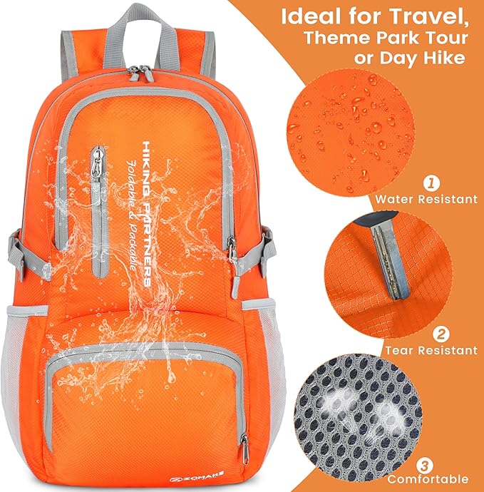 ZOMAKE Lightweight Packable Backpack, 35L Light Foldable Hiking Backpacks Water Resistant Collapsible Daypack for Travel(Orange)