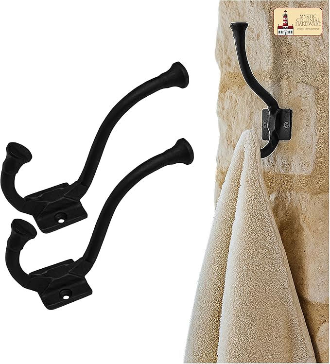 Mystic Colonial Medieval Rustic Cast Iron Wall Hooks (4 in x 3 in) Vintage Black Coated Double Coat & Hat Hook Hangers | Heavy-Duty Farmhouse, Gothic & Modern Decor - Pack of 10