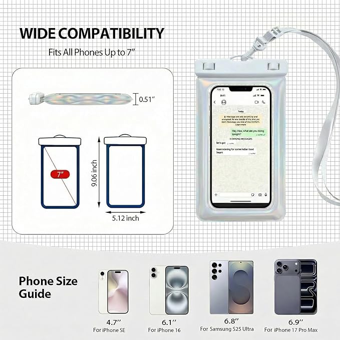 Floatable Waterproof Phone Pouch Case for iPhone 17 16 Pro Max/15/14, IP68 Travel Cellphone Dry Bag Beach Cruise Ship Essentials Bags with Crossbody Lanyard, Pearlescent - 7″