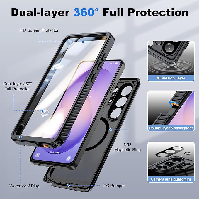 ANTSHARE IP68 Waterproof Case for Samsung Galaxy S26 Ultra [2026] - MagSafe Compatible, Built-in Screen/Lens Protector - Shockproof Full Body Protection for Swimming/Outdoor, Black-Translucent Matte