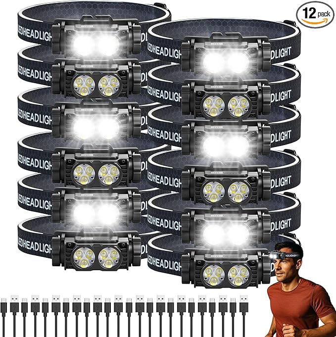 Bud K 12pack Headlamp Rechargeable, 5000L Super Bright Light LED Rechargeable Headlight, 3 Modes, Detachable Flashlight & Waterproof Head Lamp for Adult, Running, Outdoor, Emergency, Hard Hat Light