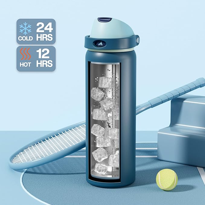 POWCAN 32 oz Insulated Water Bottle: 2-in-1 Lid with Push-Button Spout & Quick-Flip Straw, Leakproof, Cold 24Hrs, Car Cupholder, Stainless Steel Cup for Sports, School, Travel, Camping (Denim Blue)