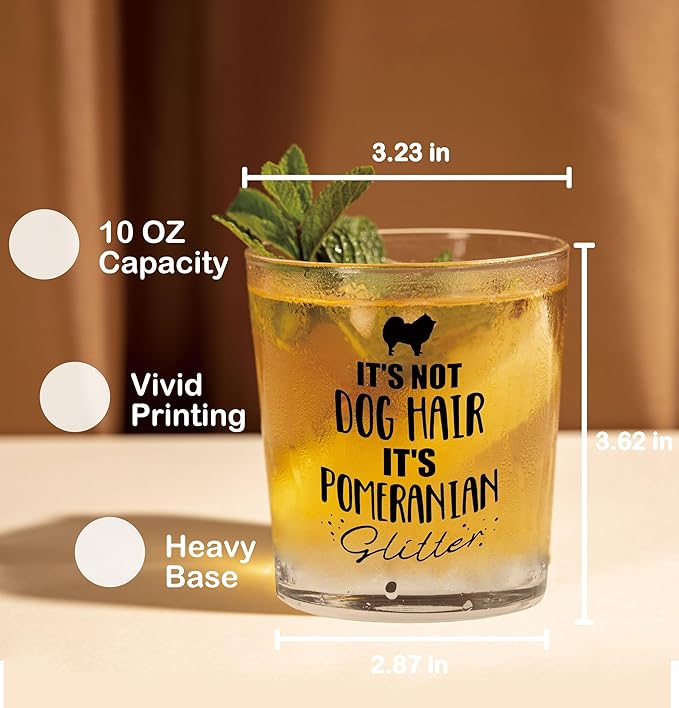 Nogrit Pomeranian Gifts Whiskey Glasses 10 oz, Dog Lovers Gifts, Funny It's Not Dog Hair It's Pomeranian Glitter Old Fashioned Rocks Glasses for Drinking Cocktail Scotch Vodka Tequila Rum