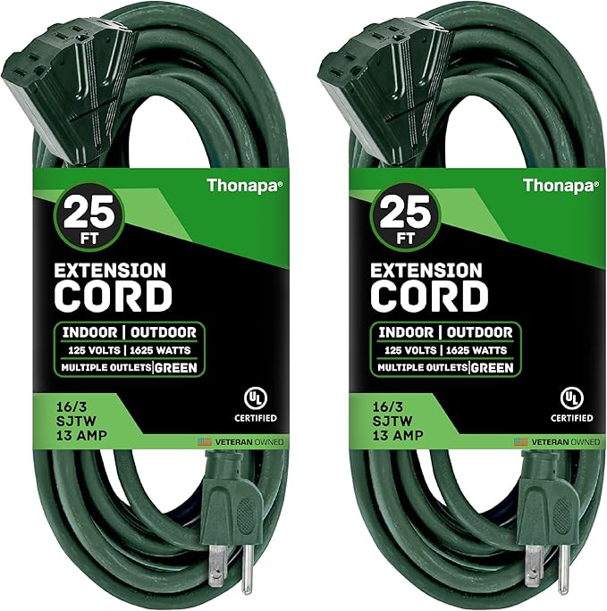 Thonapa2 Pack of 25 ft Green Extension Cord with 3 Outlets - 16/3 SJTW Weatherproof Outdoor Extension Cord with 3 Prong Multiple Outlets