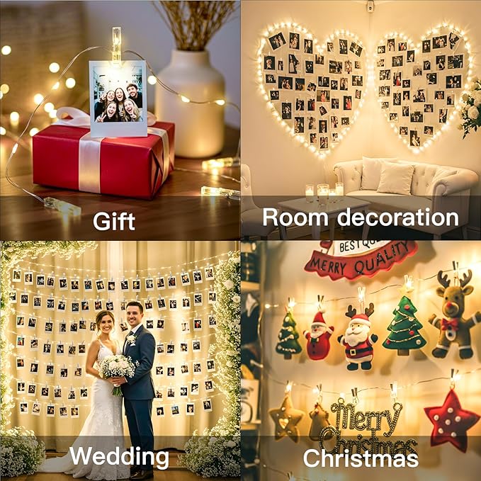 suddus 16ft 50 LED Fairy Lights with Clips for Pictures, Photo Lights with Remote USB Powered & Battery Operated with 22 Clear Clips, String Lights for Party, Bedroom, Decoration, Warm White