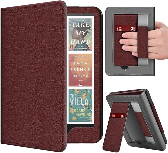 TNP Stand Case with Strap for Kindle Paperwhite 12th Gen 2024 / Kindle Colorsoft Signature Edition - 7" PU Leather Protective Folio Cover with Auto Wake/Sleep & Card Slot, Dark Red
