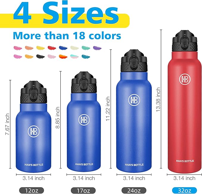 Han's Bottle Sports Water Bottle - 32 Oz, Straw Lid, Leak Proof, Vacuum Insulated Stainless Steel, Double Walled, Thermo Mug,Red