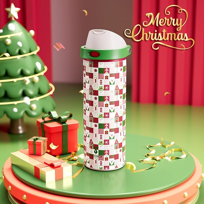 24 oz Insulated Water Bottle for Christmas: Meoky Stainless Steel Xmas Water Bottle with 2-in-1 Straw and Spout Lid - Leak Proof, Fits in Car Cup Holder, BPA-Free for Women Men, Santa Wishes