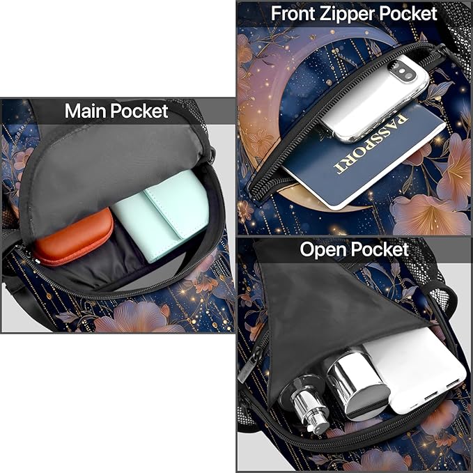 FyLybois Moon Sling Bag for Women Lightweight Crossbody Backpack Casual Daypack with Adjustable Strap for Travel Work Hiking Everyday Use