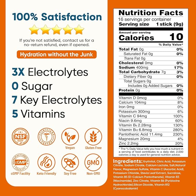 Venture Pal Sugar Free Electrolyte Powder Packets - Liquid Daily IV Hydration Packets | Electrolytes Drink Mix with 5 Vitamins & 7 Electrolytes | Keto Friendly | Non-GMO | Certified Vegan | 16 Sticks