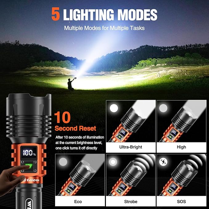 Wdtpro Rechargeable LED Flashlights High Lumens, Super Bright 90,000LM Rechargeable Flashlight with LCD Display, 5 Modes & Waterproof Powerful 10000mAh Handheld Flashlight for Camping Emergency Orange