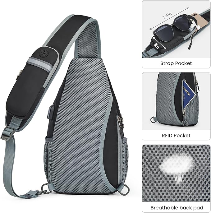 G4Free Sling Bag RFID Crossbody Sling Backpack with USB Charging Port, Travel Hiking Daypack Shoulder Chest Bag for Women Men(Black)