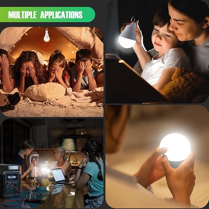 DEBAOBULB6 Pack Rechargeable Emergency Light Bulbs, Battery Powered LED Light Bulb 6000K Daylight E26 120 Volt 9W 60W Equivalent with 1200mAh for Home Power Outage Camping Hurricane