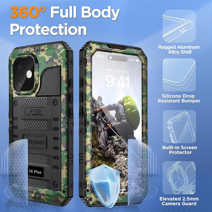 Mitywah Waterproof Case for iPhone 16 Plus, Shockproof Heavy Duty Case with Built-in Screen Protector, Underwater Full Body Protective Metal Case 6.7 inch, Camouflage