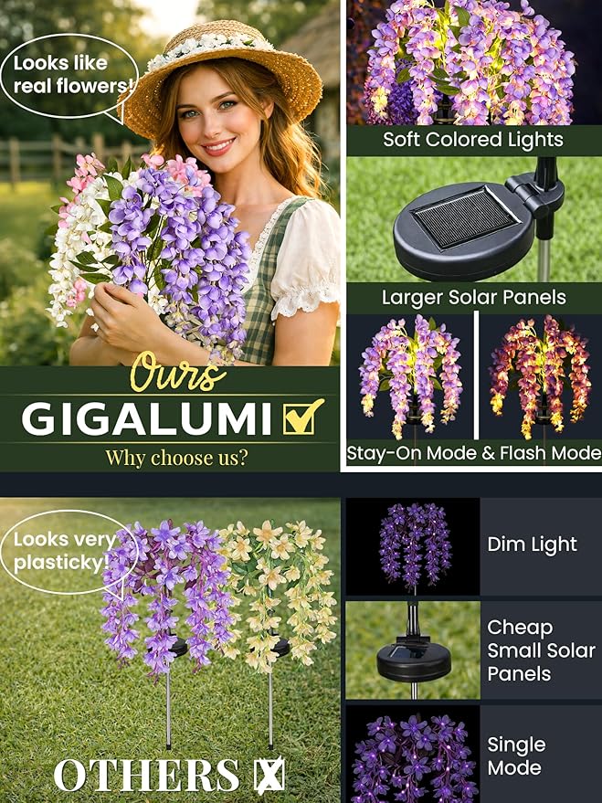 GIGALUMI Solar Lights Outdoor for Garden Decor, 3 Pack Solar Flower Lights Waterproof, 2 Lighting Modes Wisteria for Pathway,Yard, Patio Decoration, Gardening Gifts for Women (Multi-Colored)