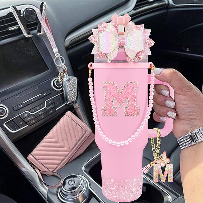 9PCS Pink for Stanley Cup Accessories Set Bling Initials Bow Charms for Stanley Decorations 30/40 Oz Tumbler Accessories Including Bow Straw Topper, Handle Strap, Spill Stopper（Letter M）