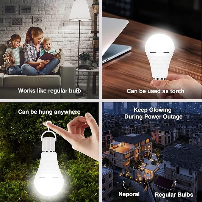 Neporal A19 Rechargeable Light Bulbs Emergency Light Bulb for Power Outages, Led Bulb 60 Watt Equiv., Self-Charging Light Bulb 1200mAh Battery Backup Light Bulbs for Daily, Emergency Use (Daylight)