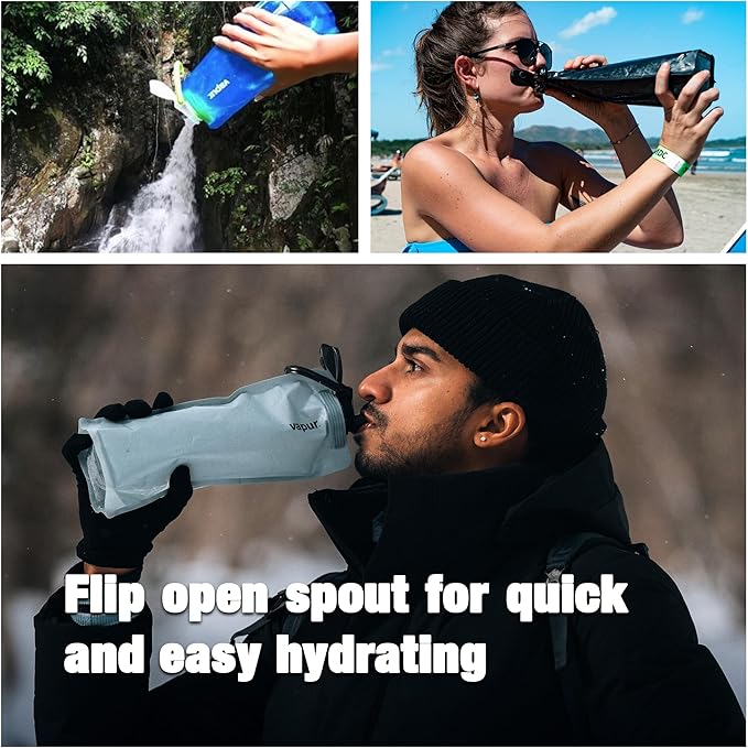 Vapur Collapsible Water Bottle With Carabiner, Compact Bottle Folds Flat For Hydration On The Go, Ideal for Traveling, Hiking or Camping, 34 Ounce, Grey & Teal, Pack of 2