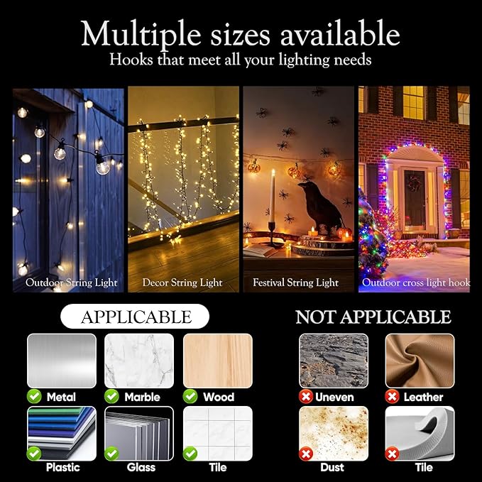 Hooks for Outdoor String Lights Clips: Heavy Duty Cable Clips with Waterproof Adhesive Strips for Hanging Christmas Light - Outside UV-Resistant Clear Sticky Cord Holders Rope Organizer (180)